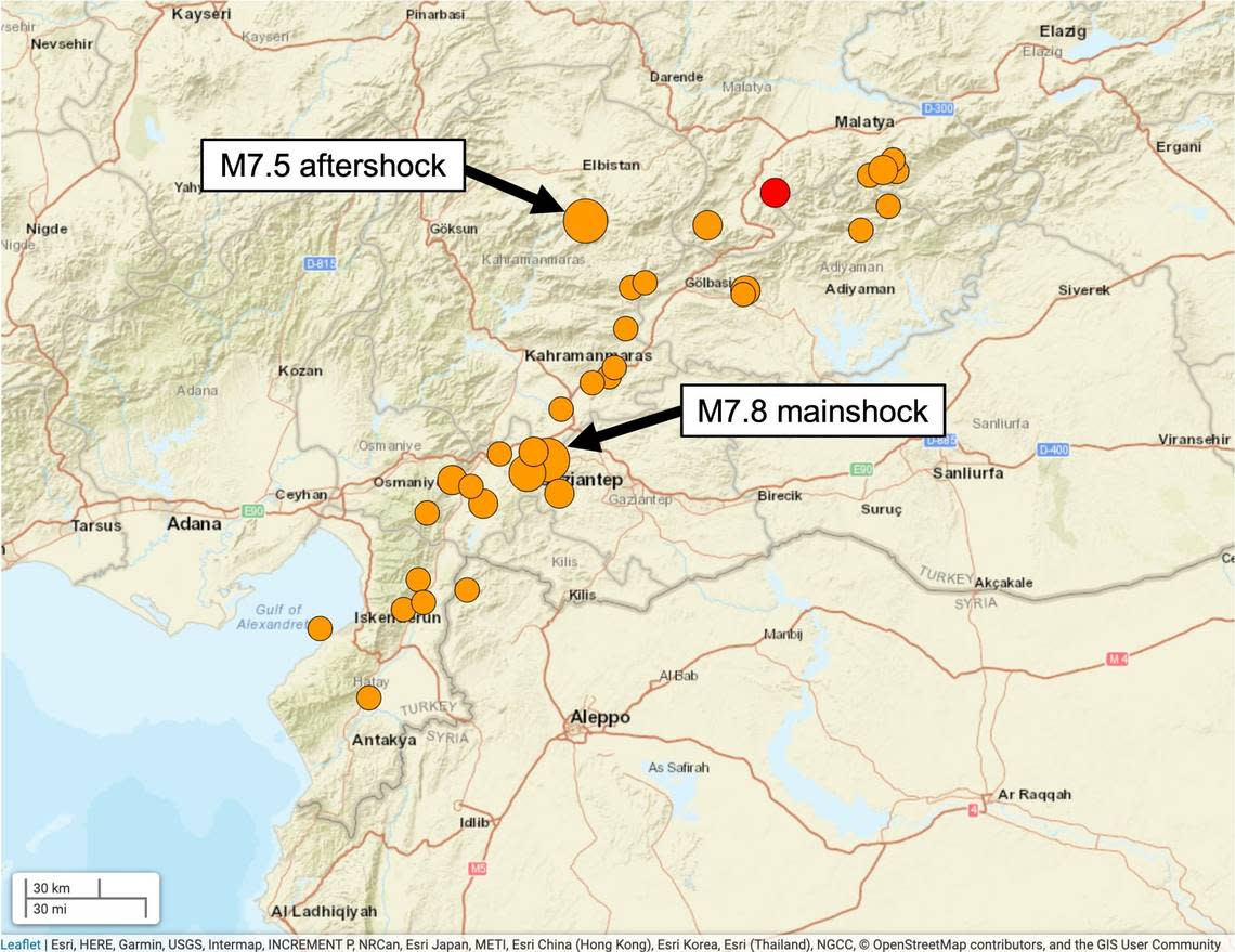 A map shows the location of the earthquake and aftershocks that rocked southern Turkey and northern Syria.