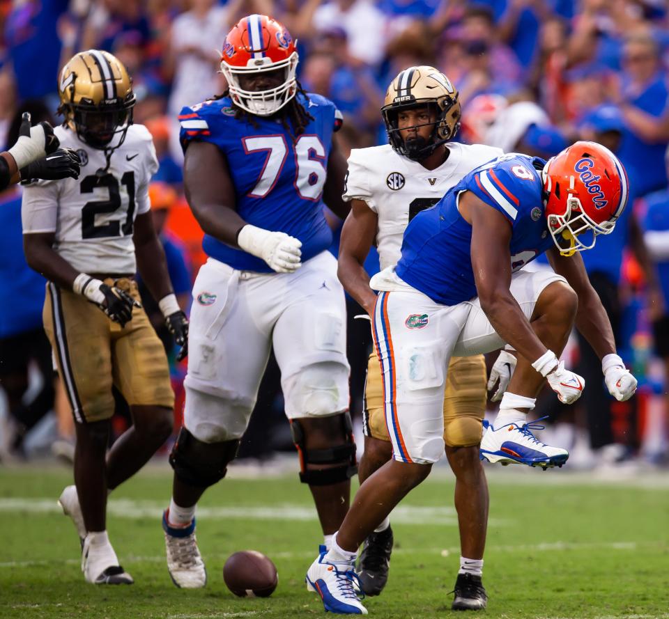 Florida Gators cornerback Jalen Kimber (8) celebrates sacking the Vanderbilt quarter back at Steve Spurrier Field at Ben Hill Griffin Stadium in Gainesville, FL on Saturday, October 7, 2023. [Doug Engle/Gainesville Sun]