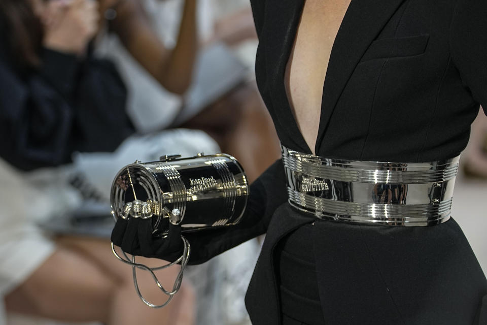 A model wears a creation as part of Jean Paul Gaultier's Haute Couture Fall/Winter 2022-2023 fashion collection presented Wednesday, July 6, 2022 in Paris. (AP Photo/Michel Euler)