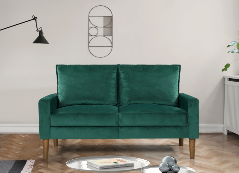 Ruiz Velvet Fabric Loveseat in Green (Photo via Overstock)