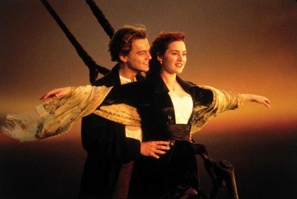 An iconic image from James Cameron's Titanic, starring Leonard DiCaprio and Kate Winslet.