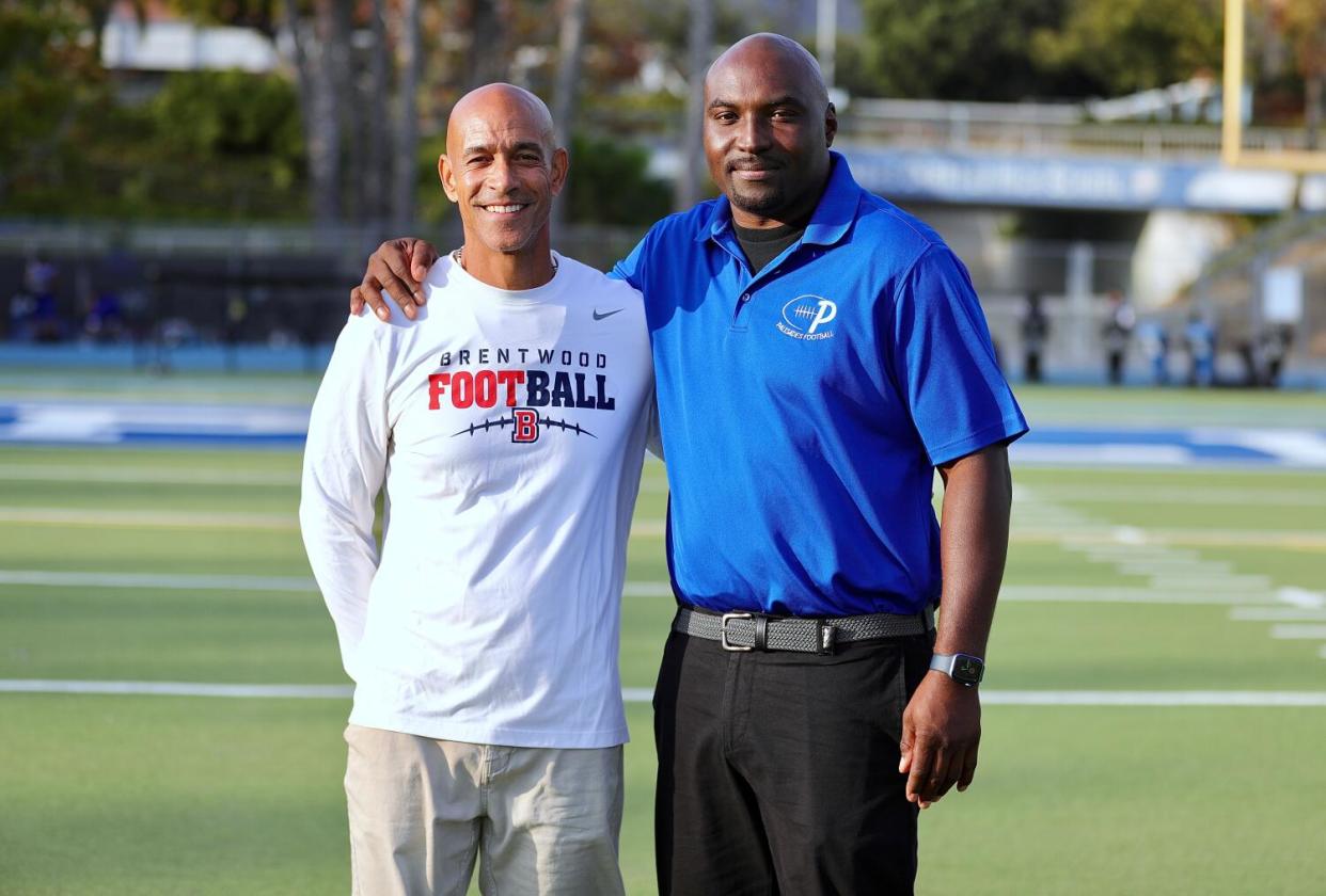 Coaches Jake Ford of Brentwood (left) and Dylen Smith of Palisades.