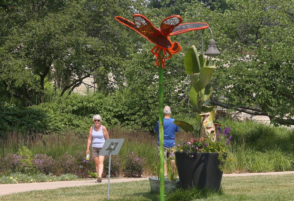 Visitors look at the Firecracker Skimmer sculpture in the "Glass in Flight" exhibition by Alex Heveri at Reiman Gardens.