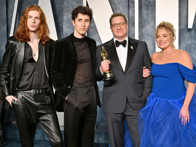 <p>Axelle/Bauer-Griffin/FilmMagic</p> (Left-right:) Holden Fletcher Fraser, Leland Francis Fraser, Brendan Fraser and Jeanne Moore at the Vanity Fair Oscar Party in 2023