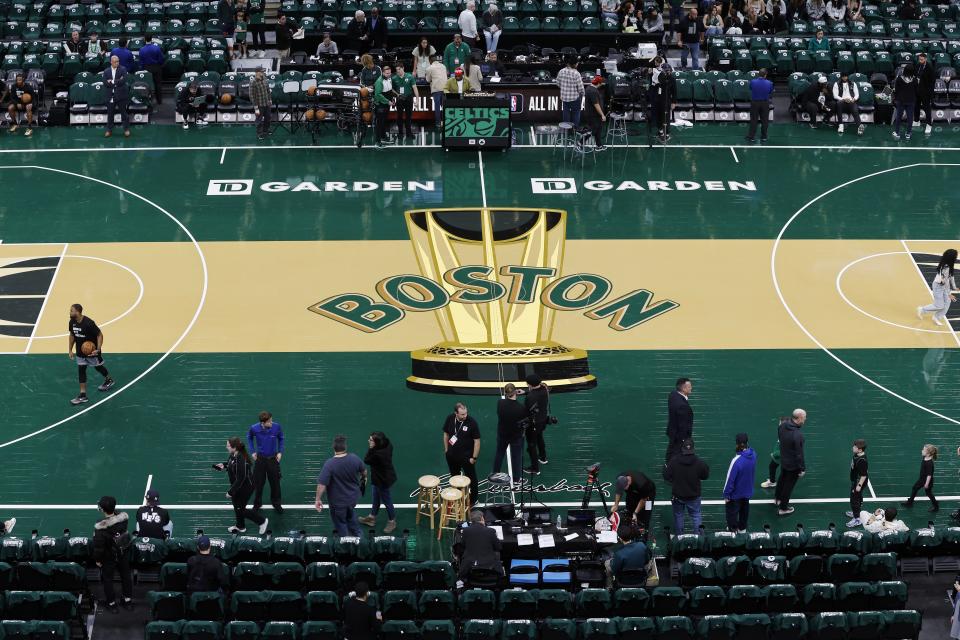 The redesigned court is viewed before an NBA basketball in-season tournament game between the Boston Celtics and the Brooklyn Nets, Friday, Nov. 10, 2023, in Boston. (AP Photo/Michael Dwyer)