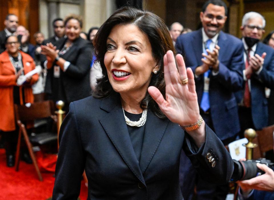 New York Gov. Kathy Hochul arrives to deliver her State of the State address in the Assembly Chamber at the state Capitol, Tuesday, Jan. 10, 2023, in Albany, N.Y.