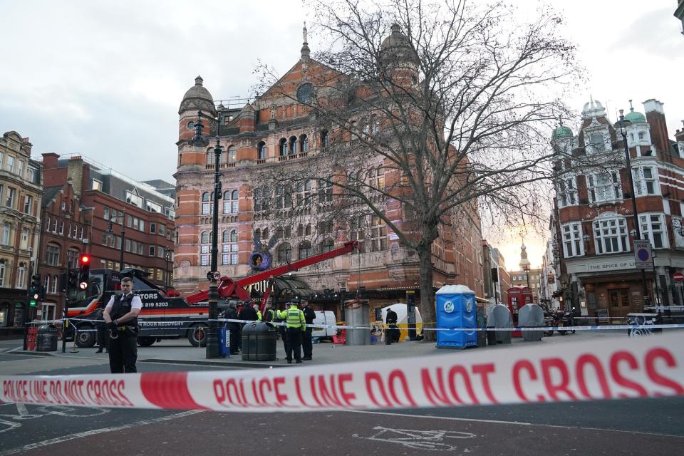 January 27, 2023, LONDON, UK: A police tent is erected at Cambridge Circus on the junction between Shaftesbury Avenue and Charing Cross Road in London, after a man has been crushed by a telescopic urinal. Fire crews said the man has been freed and is in the care of the London Ambulance Service. Roads in the area have been closed.