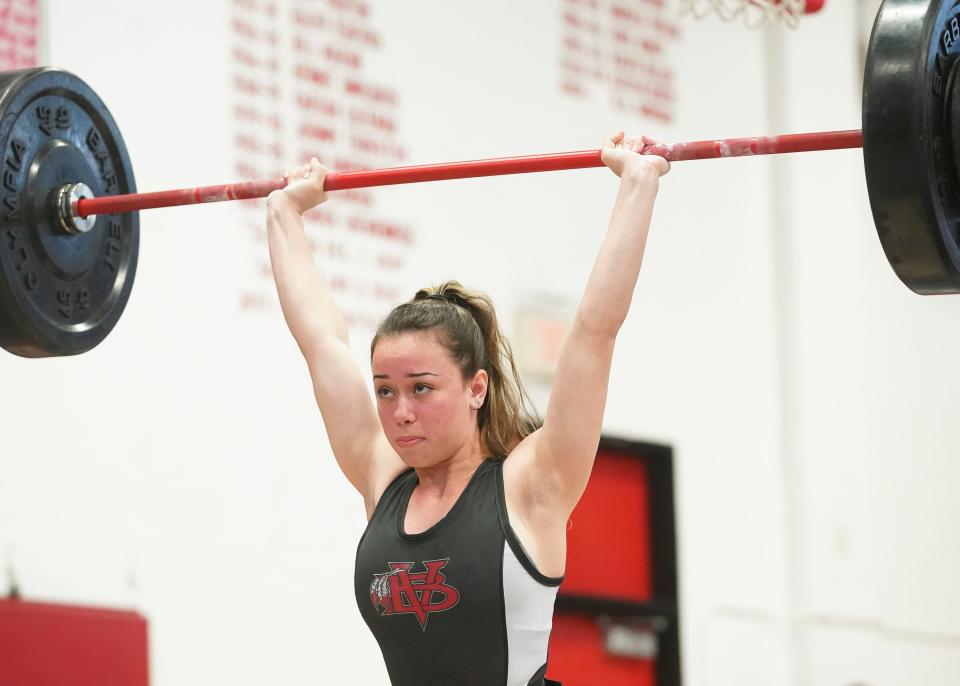Vero Beach's Sarah Eiswerth competes in the clean-and-jerk event during the District 13-3A girls weightlifting meet Saturday, Jan. 22. 2022, at Vero Beach High School. Eiswerth's best lift was 165 pounds in the 110 weight class.