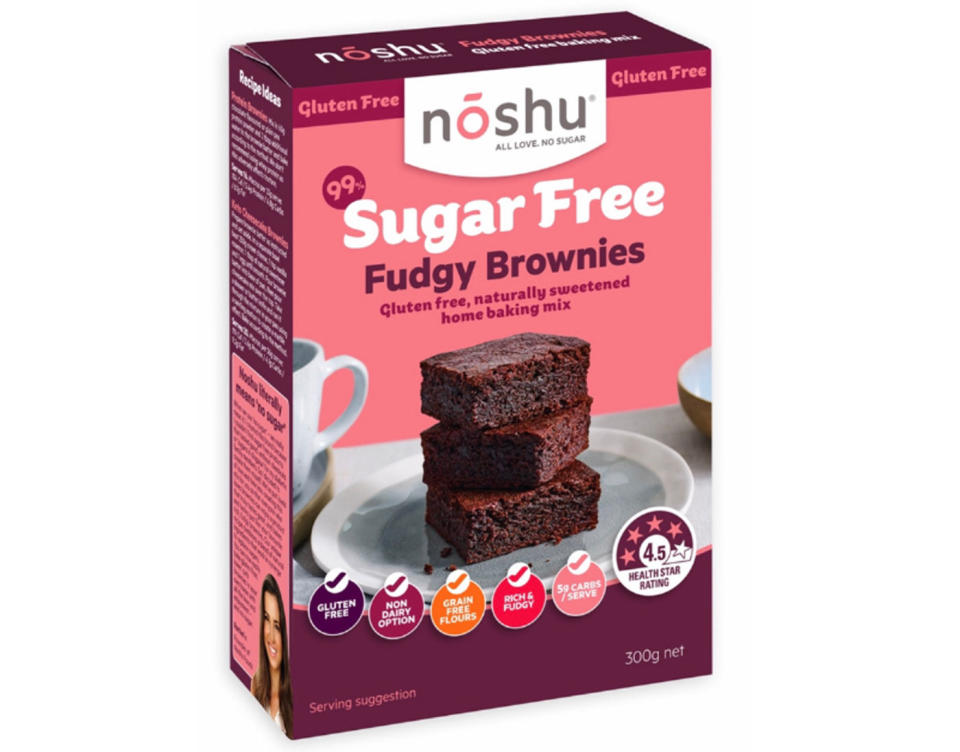 A box of Noshu 99% Sugar Free Fudgy Brownies 300 gram mix. The product, sold at Woolworths, was recalled due to the possible presence of gluten.