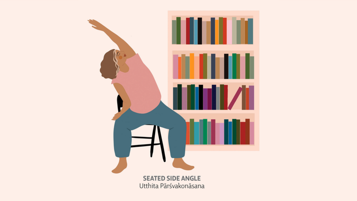 Illustration of a woman seated in a chair practicing the yoga pose Extended Side Angle