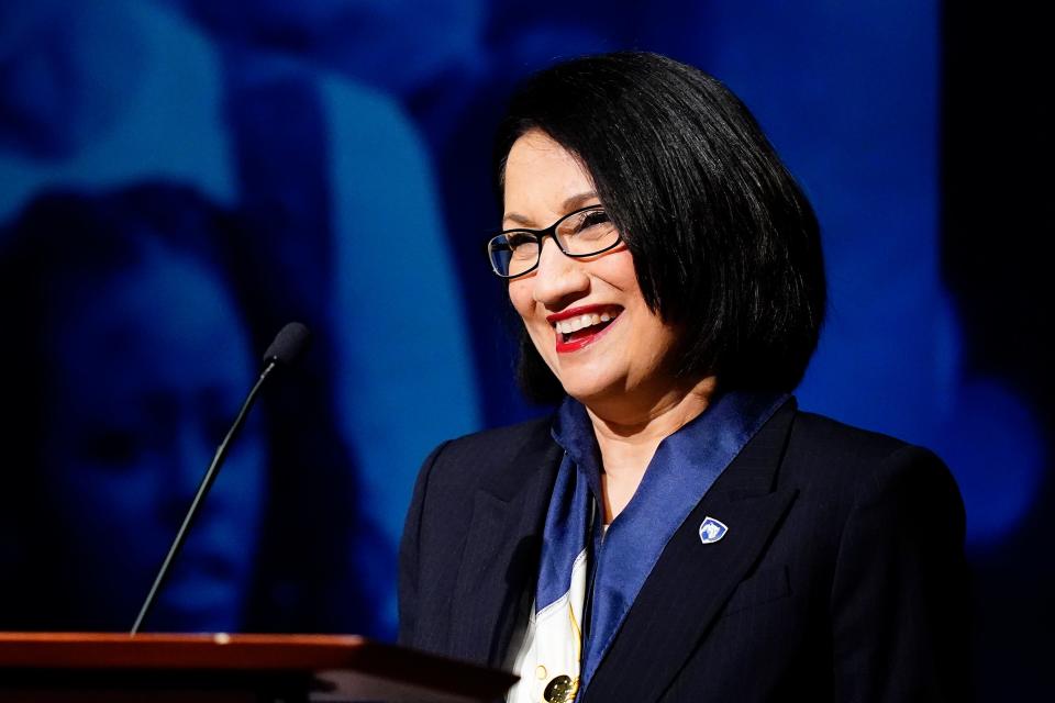 Neeli Bendapudi speaks during a meeting of the Penn State Board of Trustees, Thursday, Dec. 9, 2021, in State College, Pa. The Penn State Board of Trustees voted Thursday to hire Bendapudi as president. She's first woman and first person of color to serve in that role for Penn State. (AP Photo/Matt Rourke)