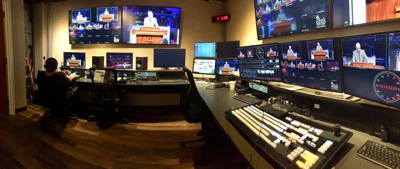 Volunteer in Rock Springs Baptist Church's Media Ministry oversees live streaming production of the main service