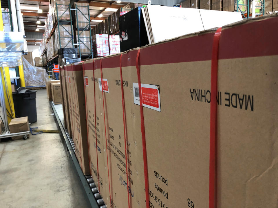 Boxes marked 'Made in China' are lined up in NewAir's warehouse in Cypress, California, U.S. on May 24, 2019. Picture taken May 24, 2019.  REUTERS/Jane Ross