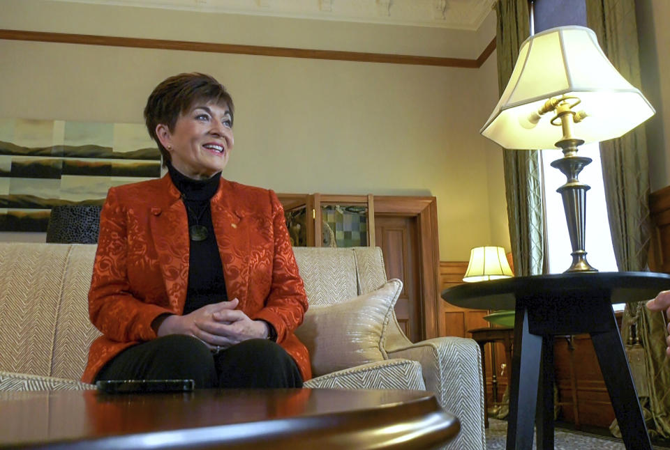 New Zealand’s Governor-General Patsy Reddy speaks during an interview with the Associated Press, Wednesday, Aug. 4, 2021, in Wellington, New Zealand. Reddy says Prince Harry and Meghan discussed moving to New Zealand during a 2018 visit, more than a year before announcing they were stepping back from royal duties and moving to North America. (AP Photo Sam James)