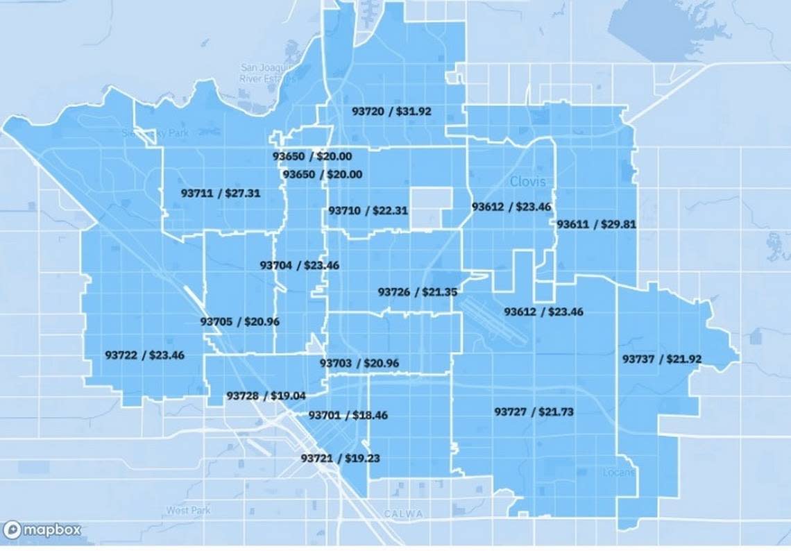 A screenshot of the Out Of Reach National Low Income Housing Coalition map which shows what people would need to make per hour to afford a two-bedroom fair market rate rental in the Fresno area.