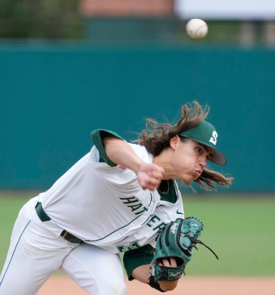 Stetson pitcher Dylan Jacobs throws during a game with Austin Peay at Melching Field in DeLand, Thursday, May 25, 2023. 
