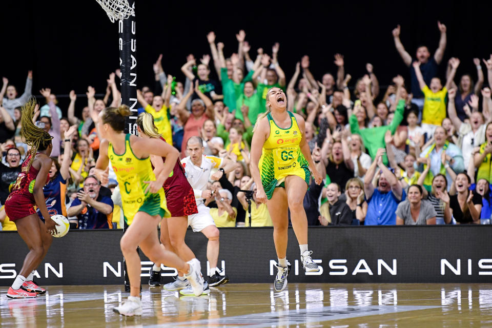 Donnell Wallam, pictured here after scoring the winning goal in the first netball Test between Australia and England.