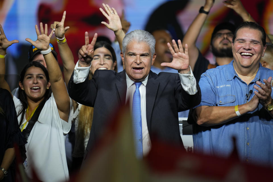 Jose Raul Mulino, presidential candidate for Achieving Goals, addresses supporters during a campaign rally in Panama City Sunday, April 28, 2024. Panama will hold general elections on May 5. (AP Photo/Matias Delacroix)