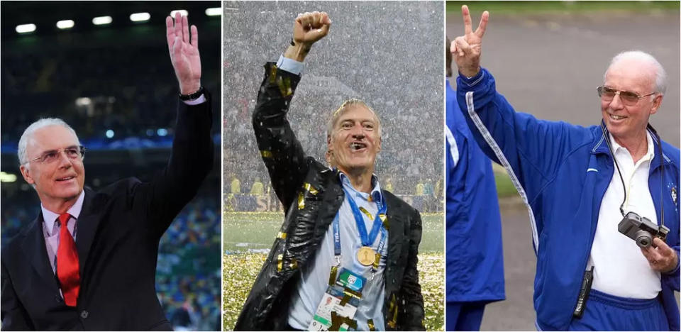 薩加洛(左右後、碧根鮑華(Franz Beckenbauer，左)和法國的德尚(Didier Deschamps，中)是史上唯三球員和教練都曾拿下世界盃冠軍傳奇。法新社