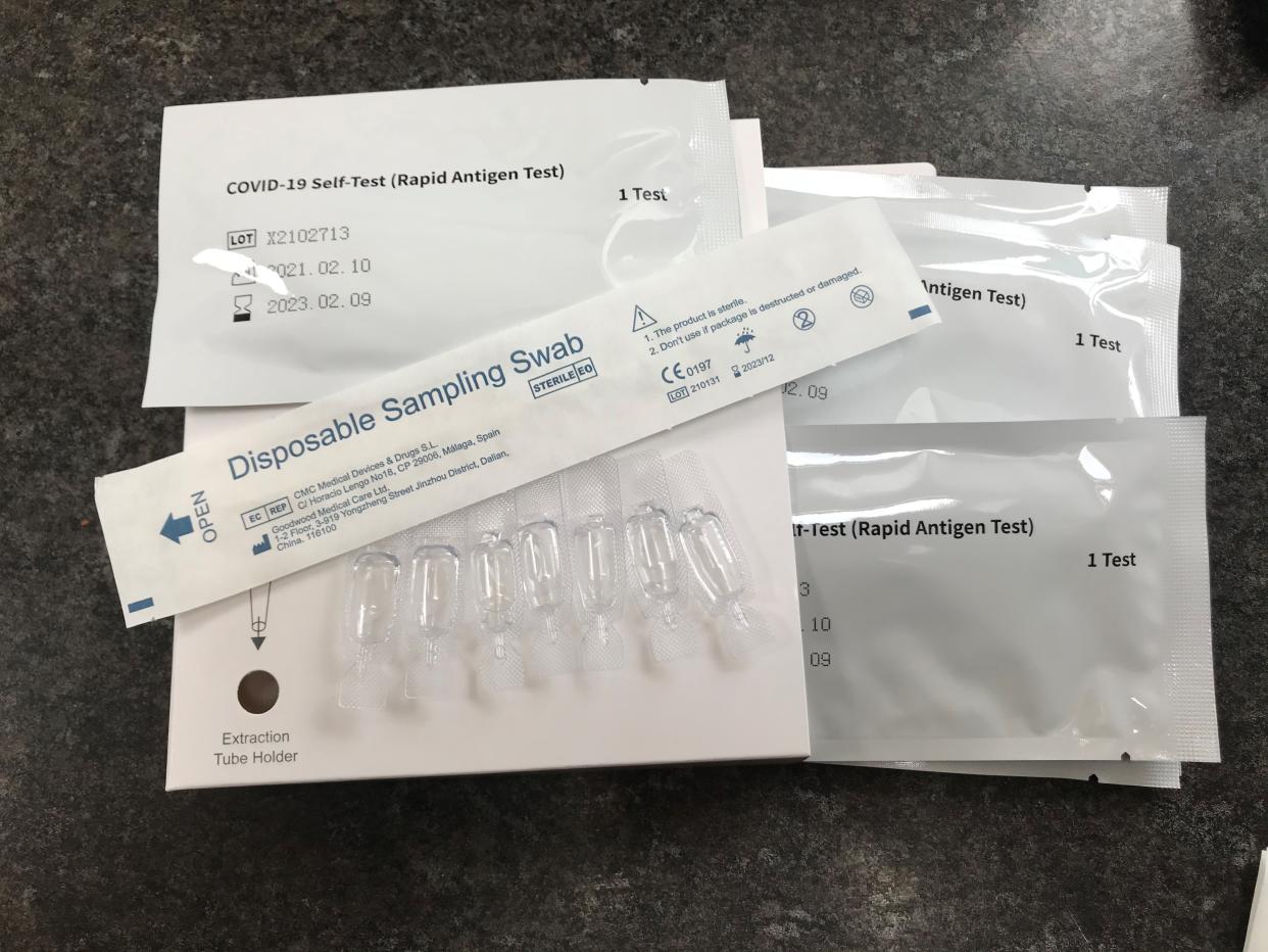 A package of seven NHS Test and Trace COVID-19 self-testing kits (Rapid Antigen Test) which has been received through the mail after ordering online for use at home. To help stop the spread of the virus the Government has introduced asymptomatic testing for certain people without symptoms who are being asked to check whether they are infected with the virus. Picture date: Monday March 8, 2021. (Photo by Zoe Linkson/PA Images via Getty Images)