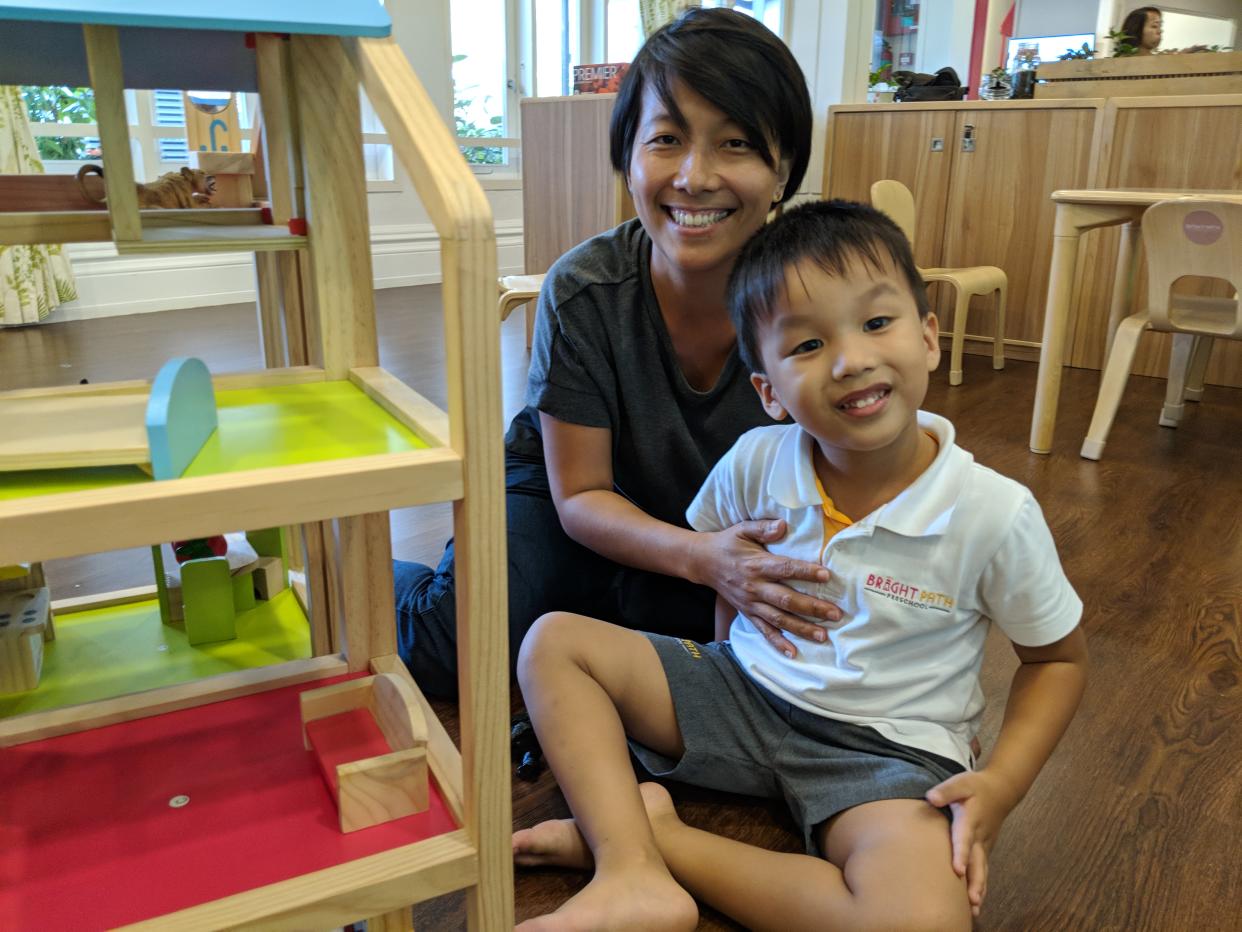 (Russell Foo, 4<span>½</span> (right), and his mother Foo Wann Yun, 40, at Bright Path on 27 July, 2018. PHOTO: Wong Casandra/Yahoo News Singapore)