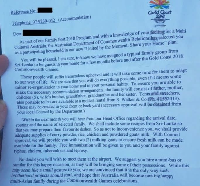 The hoax letter sent to Gold Coast residents. Source: 7 News