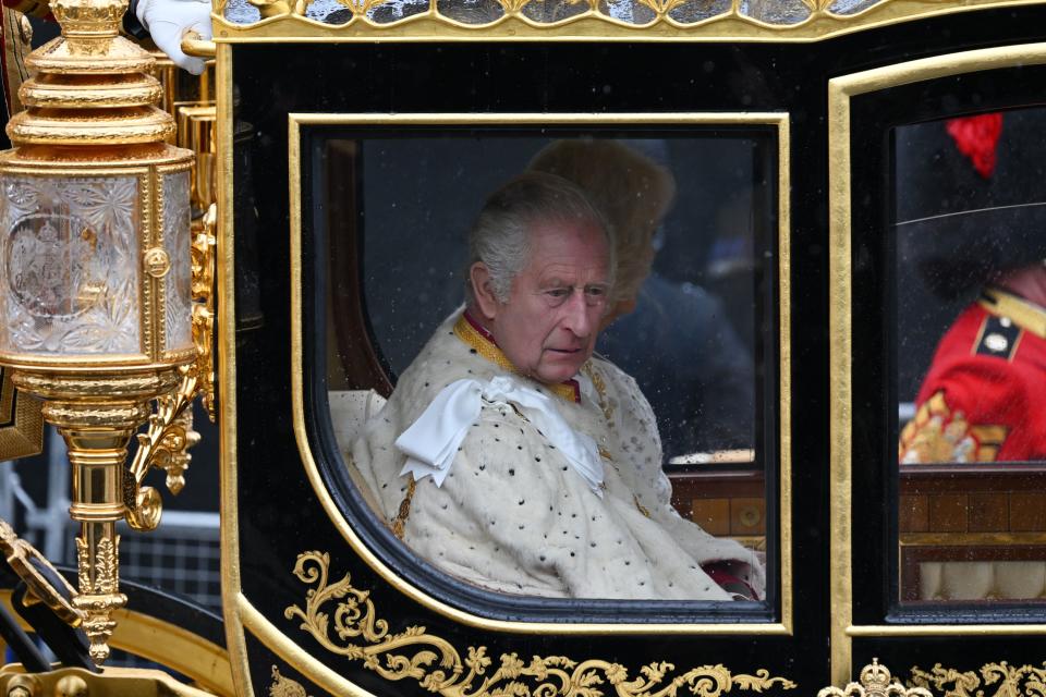 King Charles III wears his grandfather, King George VI's Robe of State, which contains ermine fur. (Getty Images)