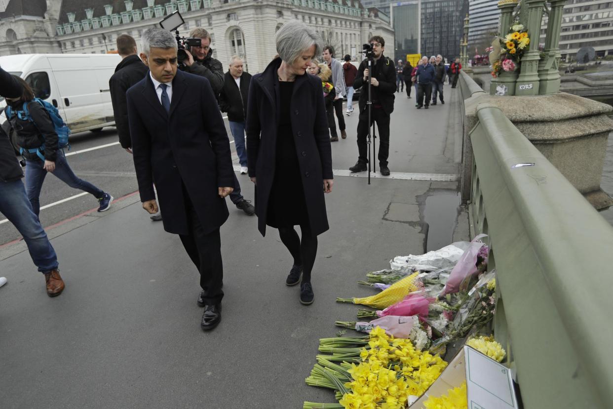 Sadiq Khan walks on Westminster Bridge near floral tributes: AP