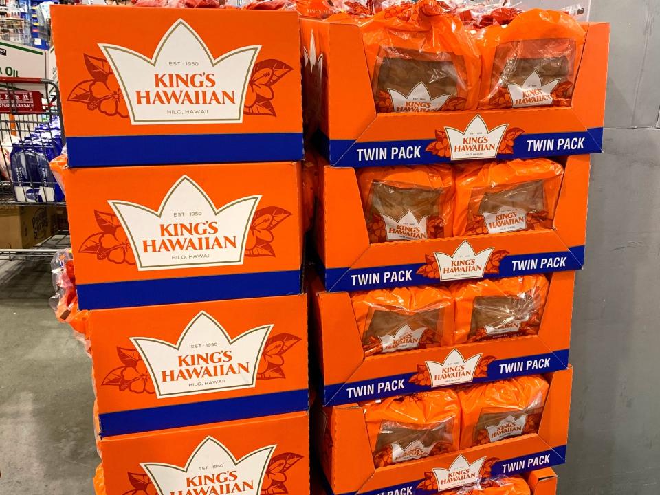 A display of twin packs of King's Hawaiian rolls on display at Costco.