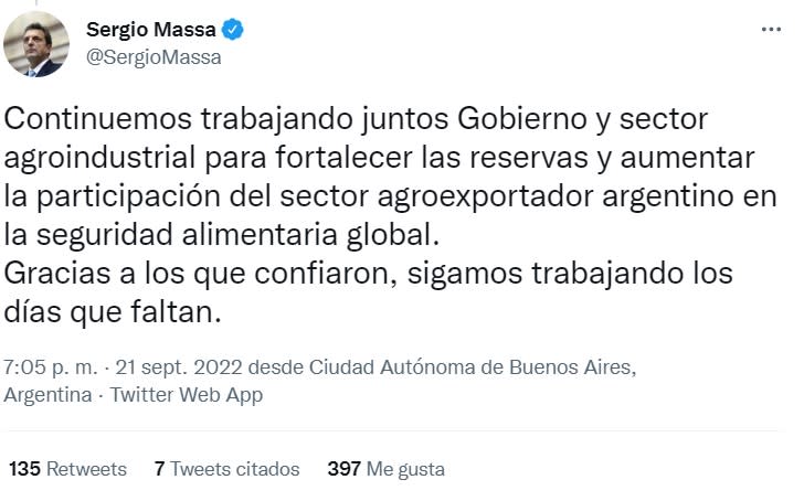 El tuit enviado el miércoles por la tarde por el ministro de Economía, Sergio Massa, dejó en evidencia tres aspectos con respecto al futuro de la política cambiaria