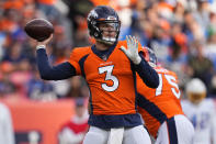 Denver Broncos quarterback Drew Lock (3) throws against the Los Angeles Chargers during the first half of an NFL football game, Sunday, Nov. 28, 2021, in Denver. (AP Photo/Jack Dempsey)