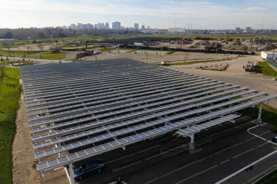 Sacramento City Councilwoman Katie Valenzuela is exploring the possibility of using a solar panel-covered parking lot, seen Friday, Jan. 28, 2022, at Sutters Landing Park as a safe parking site for homeless individuals living in vehicles.