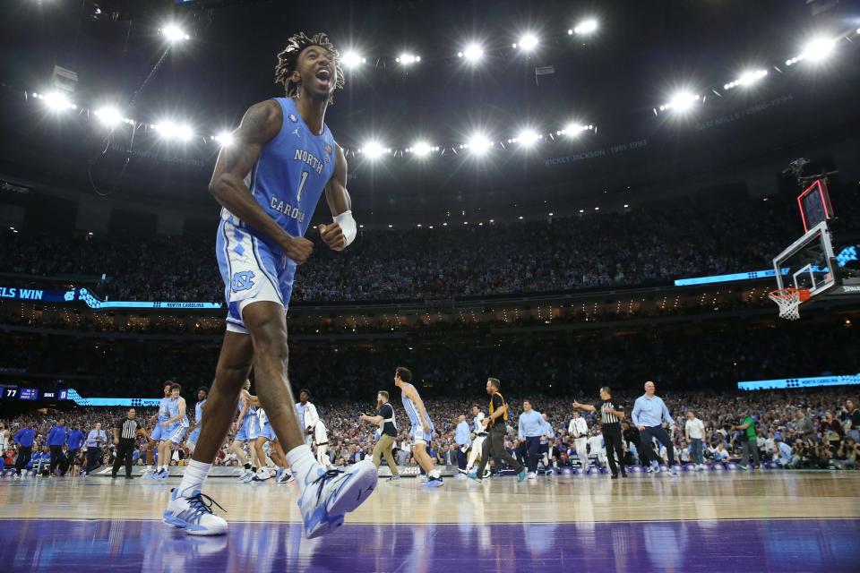 Apr 2, 2022; New Orleans, LA, USA; North Carolina Tar Heels forward Leaky Black (1) celebrates after defeating the Duke Blue Devils in the 2022 NCAA men’s basketball tournament Final Four semifinals at Caesars Superdome. Mandatory Credit: Bob Donnan-USA TODAY Sports