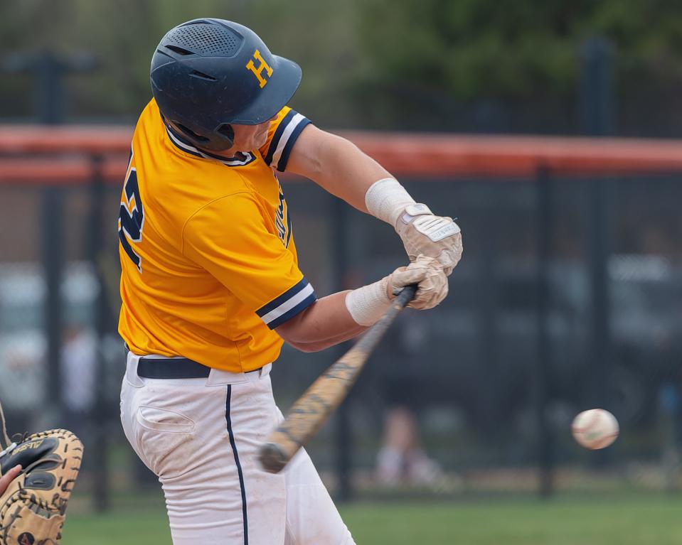 Hartland's Brayden Crowe was 2-for-3 and drove in two runs in the seventh inning of a 6-4 over Brighton Monday, April 29, 2024.
