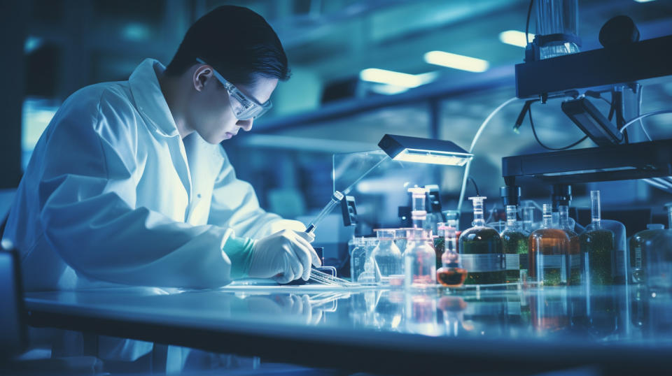 A lab technician in a biopharmaceutical laboratory, surrounded by technology and equipment necessary for advanced research.