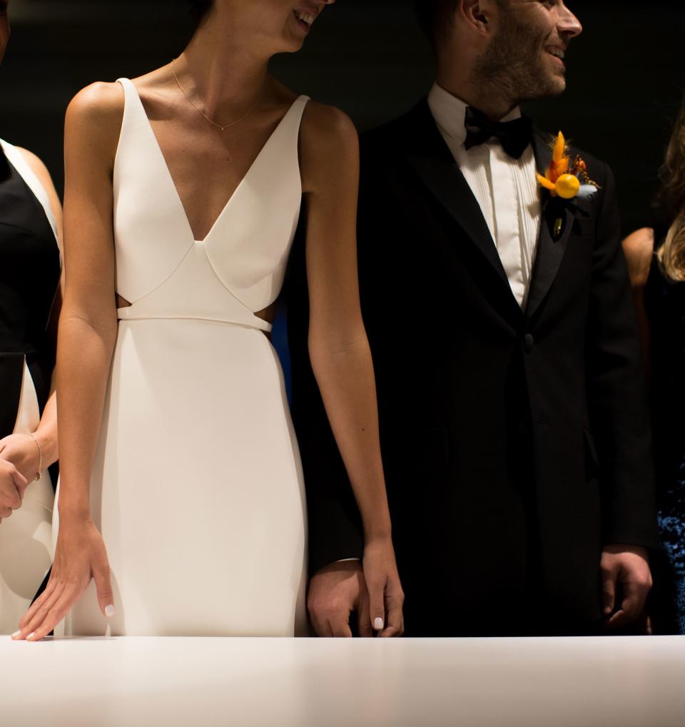 Detail shot from our ketubah signing. The bust on my dress was my absolute favorite, and Brittany from BRRCH floral designed the most unique and beautiful boutonnieres for Michael and his best man.