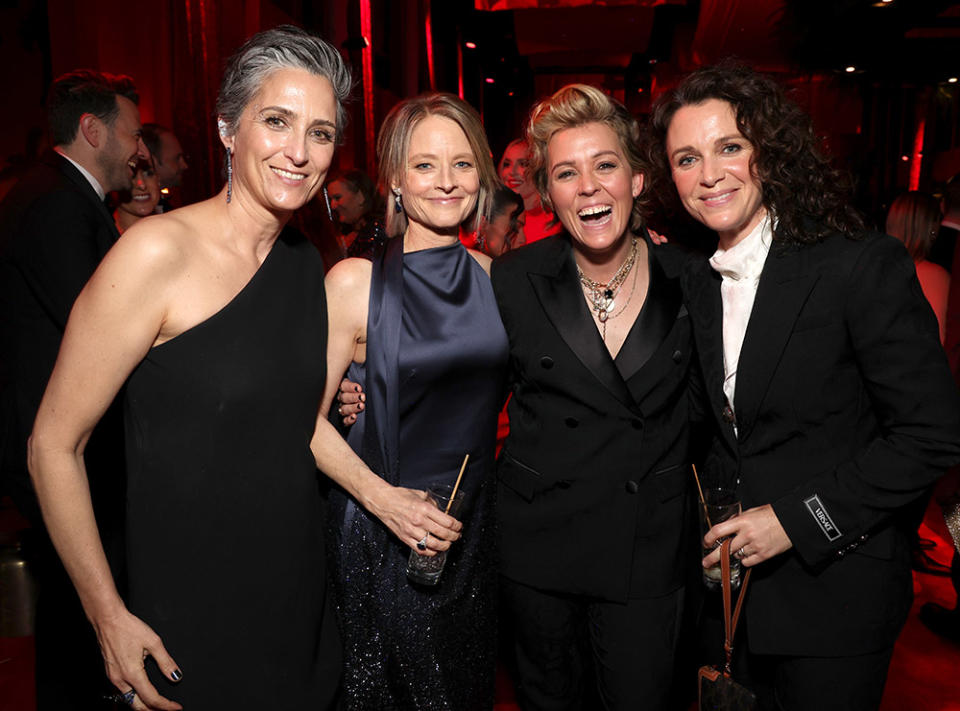 Alexandra Hedison, Jodie Foster, Brandi Carlile and Catherine Shepherd attend the 2024 Vanity Fair Oscar Party Hosted By Radhika Jones at Wallis Annenberg Center for the Performing Arts on March 10, 2024 in Beverly Hills, California.