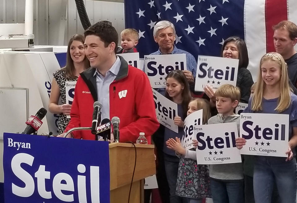 FILE - In this April 22, 2018, file photo, attorney Bryan Steil, a former driver for House Speaker Paul Ryan, announces he is running to succeed Ryan in Congress, in Janesville, Wis. Steil won Tuesday, Aug. 14, over five other competitors. Steil far outraised his opponents and secured the backing of prominent donors and Republicans, including Ryan. (Jake Magee/The Janesville Gazette via AP, File)