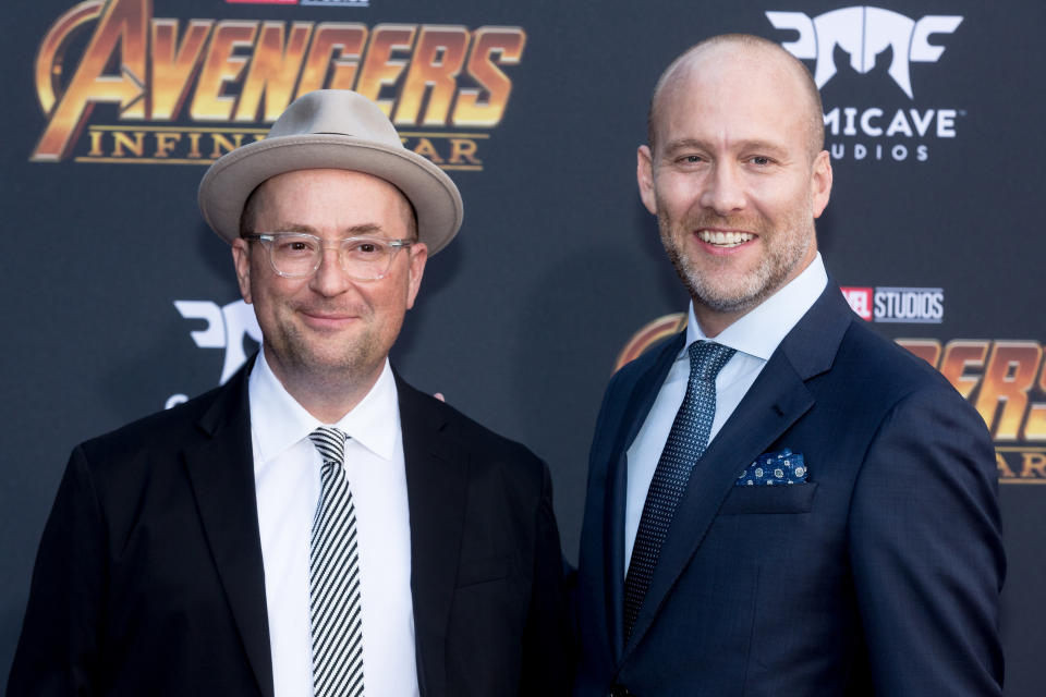 LOS ANGELES, CA - APRIL 23:  Screenwriters Christopher Markus (L) and Stephen McFeely attend the "Avengers: Infinity War" World Premiere on April 23, 2018 in Los Angeles, California.  (Photo by Greg Doherty/Patrick McMullan via Getty Images)