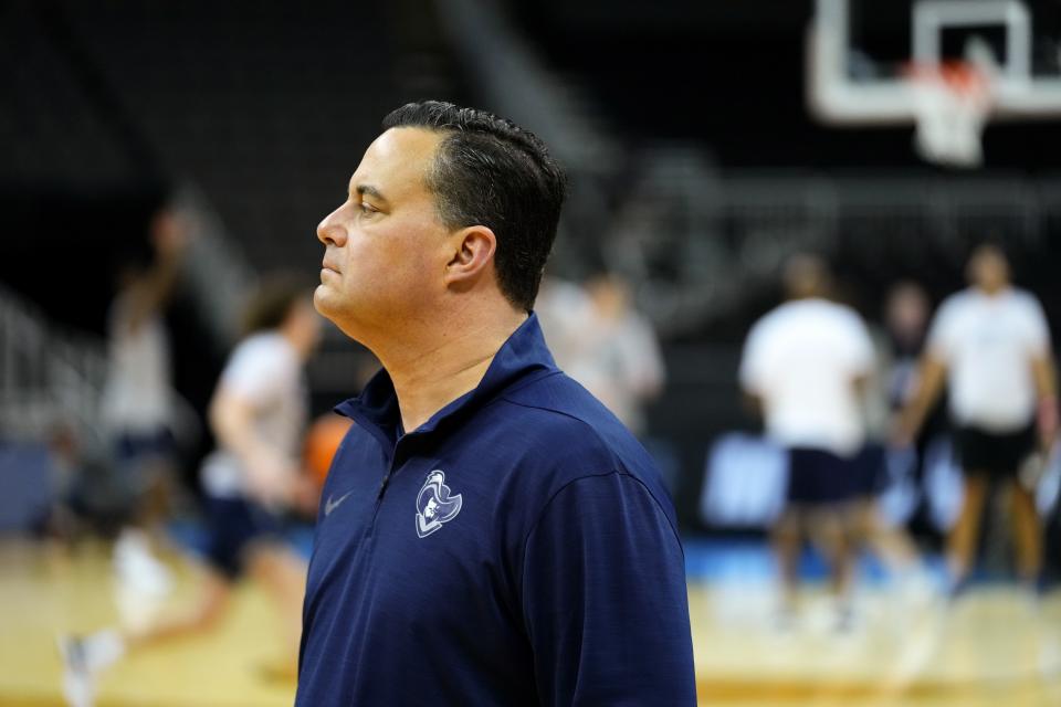 Xavier Musketeers head coach Sean Miller observes practice before a Sweet 16 college basketball game at the NCAA Midwest Regional of the NCAA Tournament, Thursday, March 23, 2023, at T-Mobile Center in Kansas City, Mo.