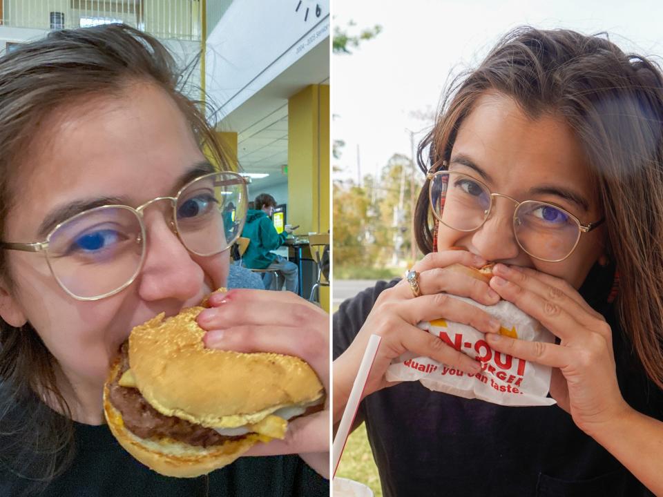 The author eats burgers from Roy Rogers (L) and In N Out (R)