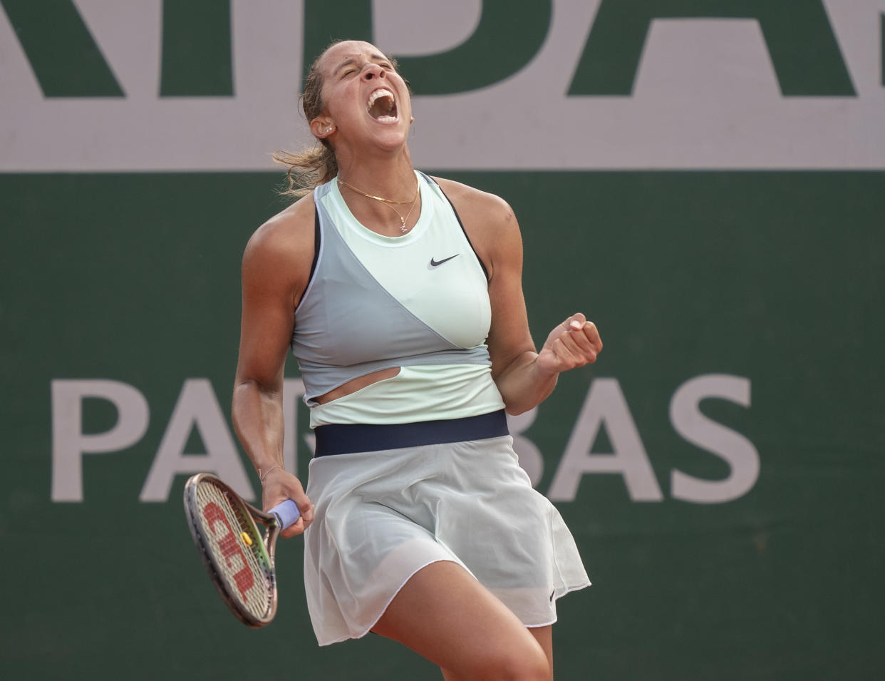 May 24, 2022; Paris, France; Madison Keys (USA) celebrates winning her match against Anna Kalinskaya (-) on day three of the French Open at Stade Roland-Garros.Mandatory Credit: Susan Mullane-USA TODAY Sports