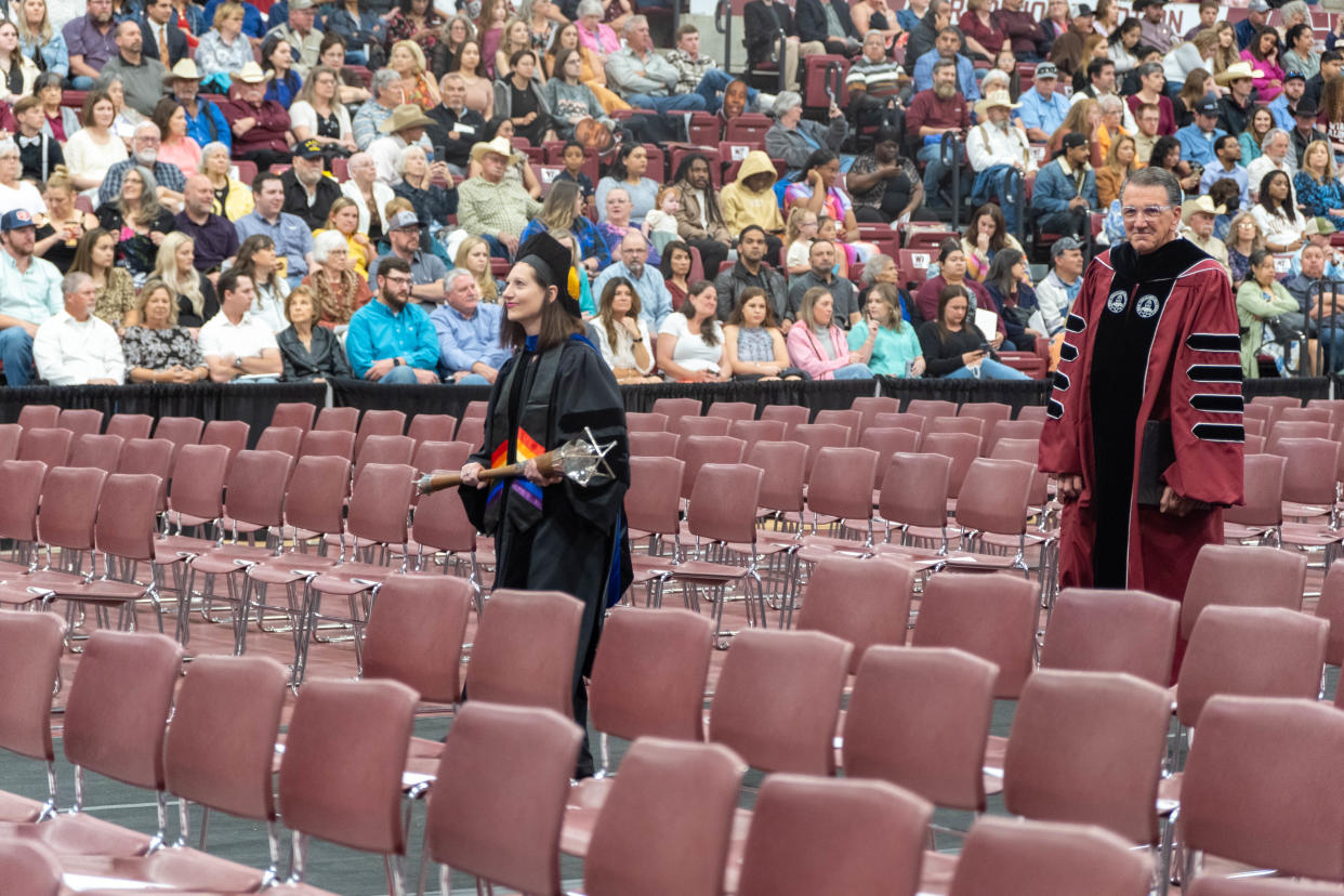 The West Texas A&M University procession is led out in the arena in May during the WT commencement ceremony at the First United Bank Center in Canyon. WT's fall commencement ceremonies will take place Saturday, Dec. 9.