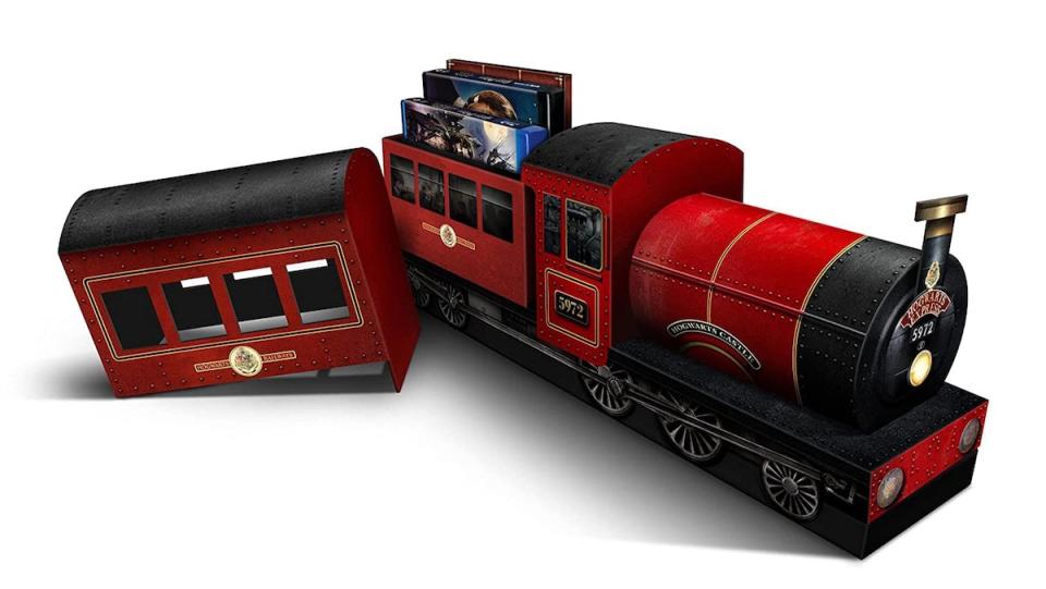 A Hogwarts Express replica box opened up top to reveal Blu-ray discs inside