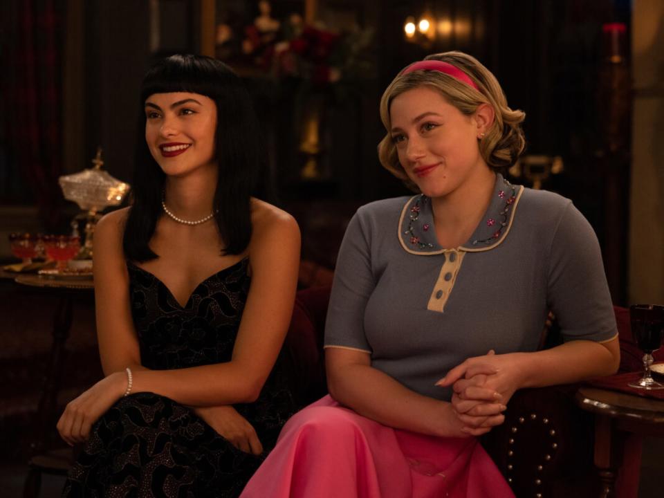 Camila Mendes as Veronica Lodge and Lili Reinhart as Betty Cooper on the season seven finale of "Riverdale."