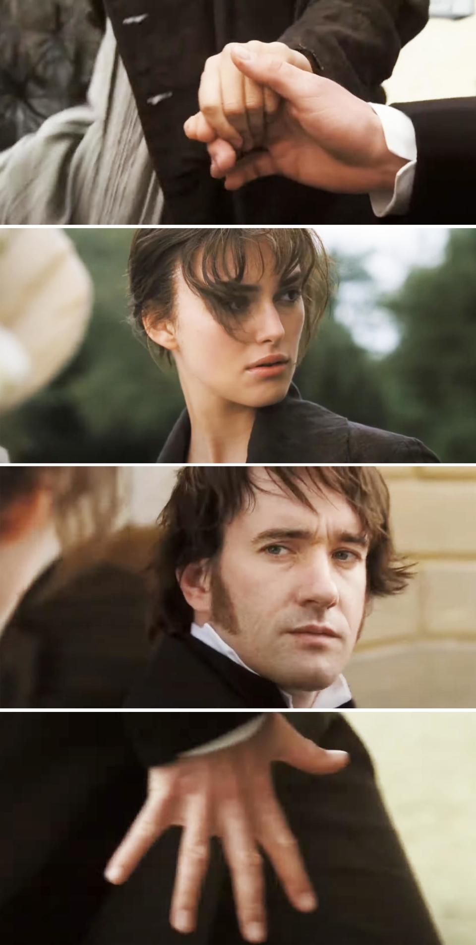 Hand-holding scene between Keira Knightley and Matthew Macfadyen, followed by their close-up expressions, in a period drama film