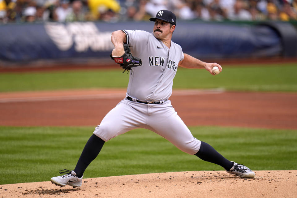 New York Yankees starting pitcher Carlos Rodon delivers during the first inning of a baseball game against the Pittsburgh Pirates in Pittsburgh, Sunday, Sept. 17, 2023. (AP Photo/Gene J. Puskar)