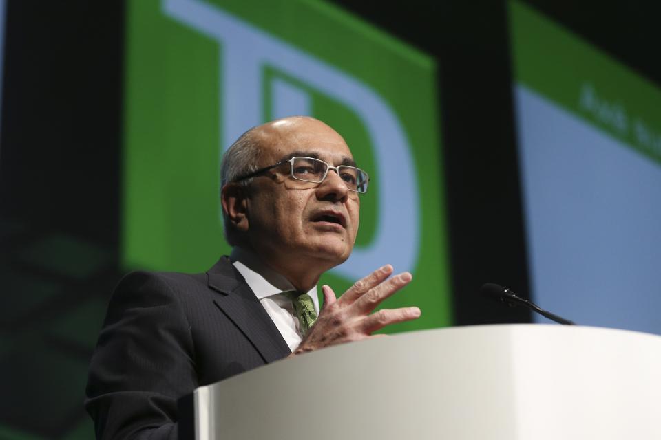 TORONTO, ON - MARCH 26:  Masrani addresses the crowd.
The Toronto Dominion Bank (TD) held it's annual general meeting Thursday at the John Bassett Theatre in the Metro Convention Centre.  The meeting was run by President and CEOI, Bharat Masrani and the Chairman of the Board, Brian Levitt.        (Richard Lautens/Toronto Star via Getty Images)