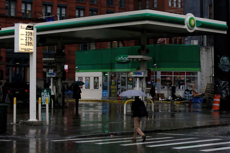 FILE PHOTO: Gas prices are displayed on the sign of BP gas station in New York