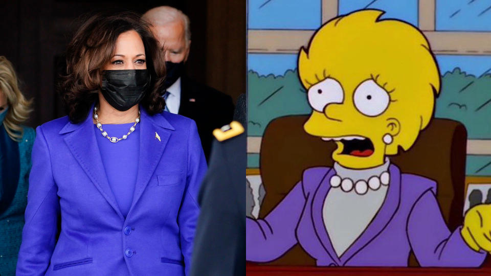 Kamala Harris wore a similar outfit at the inauguration to Lisa Simpsons when she became President. (Credit: Melina Mara/Getty Images/Fox)
